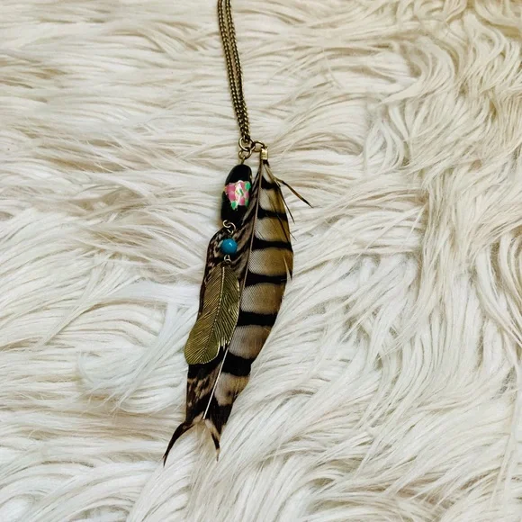 Feather and Bead Necklace - Gold, Brown, Black, Turquoise - Picture 3 of 8